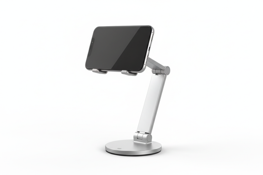 Compact and lightweight adjustable phone stand designed for hands-free viewing at home, in the office, or while traveling. Features a sturdy, non-slip base and a flexible angle adjustment to provide the perfect viewing position for video calls, streaming, reading, or browsing. Compatible with most smartphones and small tablets. Durable construction with a minimalist design that fits seamlessly into any workspace or environment.

gere para mim a imagem desse produto com base em sua descrição
