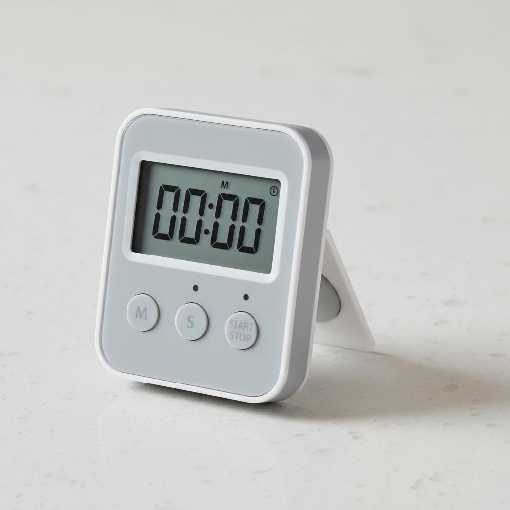 Compact digital kitchen timer designed to help you track cooking, baking, and daily tasks with precision. Features a clear display, simple button controls, and an audible alert when time is up. Includes a magnetic back and foldable stand for convenient placement on refrigerators, countertops, or desks. Lightweight, reliable, and easy to use for kitchens, study sessions, workouts, or time management routines.

gere para mim a imagem desse produto conforme a descrição