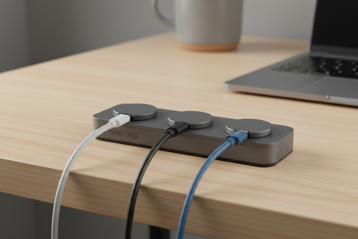 Compact magnetic cable organizer designed to keep charging cords and small cables neatly arranged on desks, nightstands, or workstations. Features strong magnetic clips and a non-slip base to hold cables securely in place while allowing easy access when needed. Helps reduce clutter and prevent tangling, creating a cleaner and more organized workspace. Durable, lightweight, and compatible with most standard cables.

gere para mim a imagem desse produto que descrevi