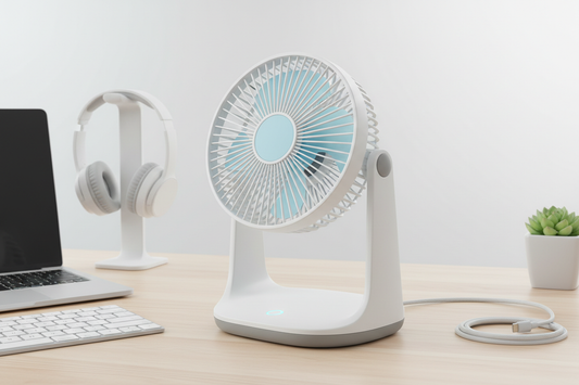 Compact USB-powered desk fan designed to provide a steady, quiet airflow for personal cooling at workstations, bedrooms, or study areas. Features adjustable tilt for directing airflow and a stable base to prevent slipping. Energy-efficient and easy to power through laptops, power banks, or USB adapters. Lightweight and portable, ideal for home, office, or travel use.

gere para mim a imagem desse produto com base na descrição