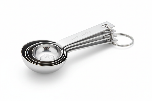 Durable stainless steel measuring spoons set designed for accurate measuring of ingredients in cooking and baking. Features clearly engraved measurement markings for long-lasting readability and a nesting design for compact storage. Rust-resistant and easy to clean, making it a reliable tool for everyday kitchen use. Ideal for both dry and liquid ingredients.

gere a imagem desse produto para mim com base na descrição