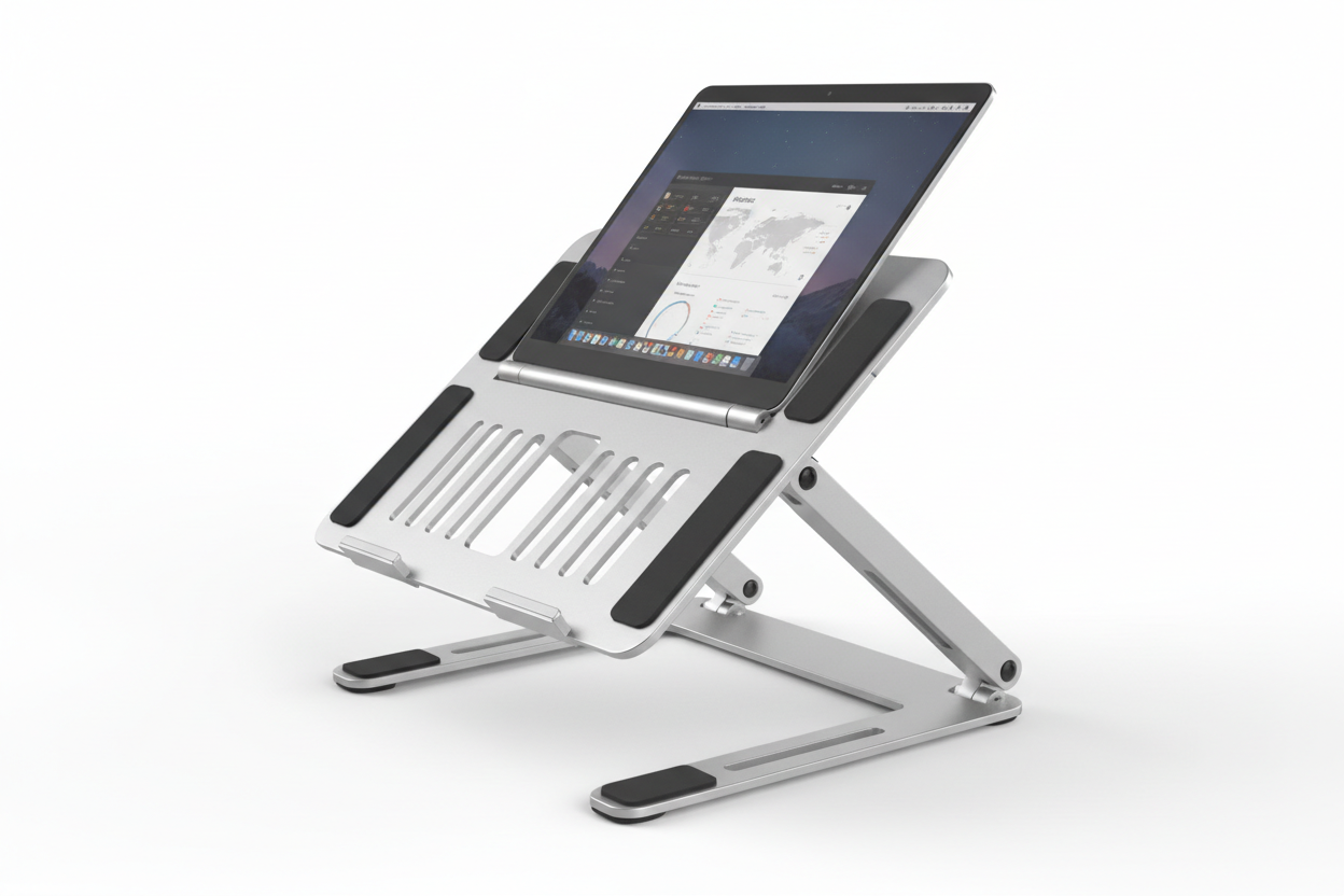 Ergonomic foldable laptop stand designed to improve posture and airflow during extended work or study sessions. Made from durable, lightweight material with anti-slip pads to keep your device stable. Adjustable height and angle provide a comfortable viewing position, helping reduce neck and wrist strain. Folds flat for easy storage and portability, making it ideal for home, office, or travel use.

gere para mim essa imagem desse produto conforme a descrição