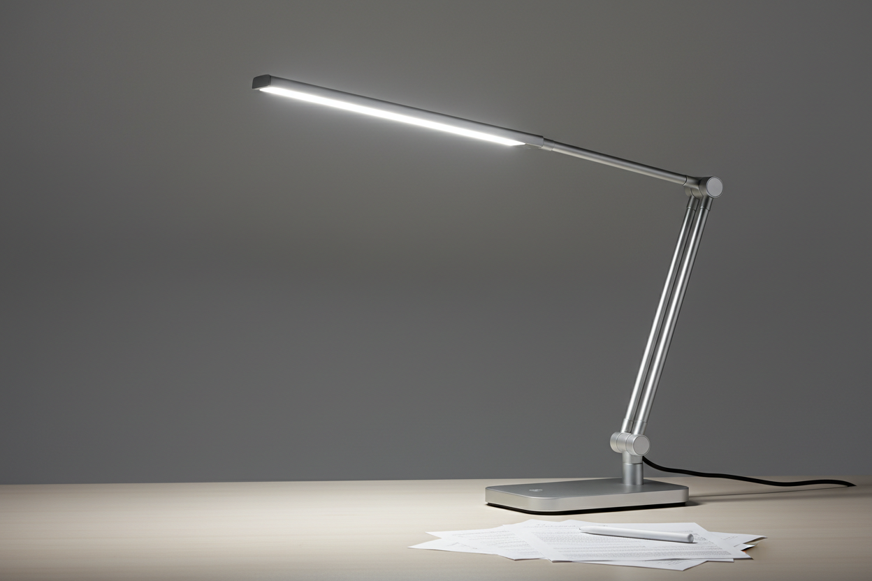 Modern LED desk lamp with a sleek, minimalist design ideal for desks, nightstands, and workspaces. Provides bright, energy-efficient lighting with adjustable brightness levels to reduce eye strain during reading, studying, or working. Features a flexible neck for easy angle adjustment and a stable base for secure placement. Long-lasting LED technology ensures low power consumption and reliable performance for daily use.

gere para mim a imagem desse produto de acordo com sua descrição