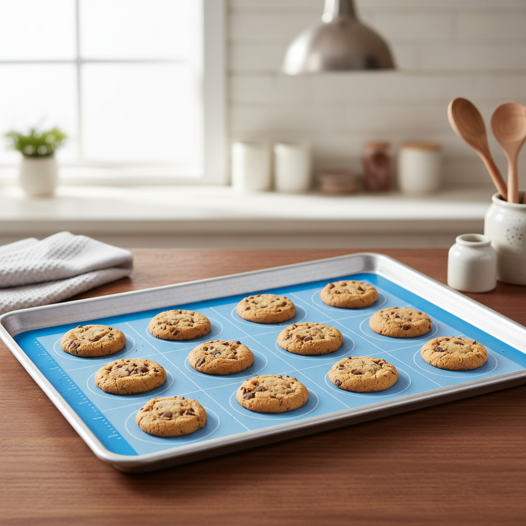 Non-stick silicone baking mat designed for consistent, mess-free baking and food preparation. Provides an even surface for cookies, pastries, and roasted foods without the need for parchment paper or excess oil. Heat-resistant, reusable, and easy to clean, making it a practical addition to any kitchen. Flexible design allows for easy storage while maintaining durability for repeated use.

gerar imagem desse produto descrito