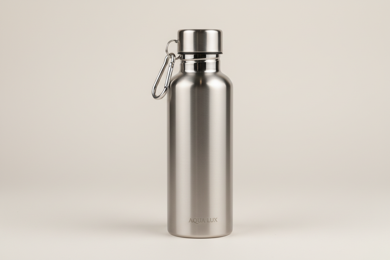 Premium brushed stainless steel insulated water bottle designed for everyday use. Features a secure screw-on lid with a tight seal and a metal carabiner for easy attachment to backpacks, gym bags, or travel gear. Helps maintain beverage temperature for longer periods, making it ideal for water, juice, or cold drinks during workouts, outdoor activities, work, or travel. Durable, minimalist, and reusable design that supports reducing single-use plastic.
gere para mim a imagem desse produto com base na descriç